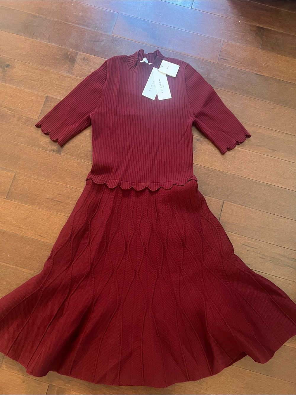 NWT Sandro Burgundy Scalloped Knit Midi Dress Size 3